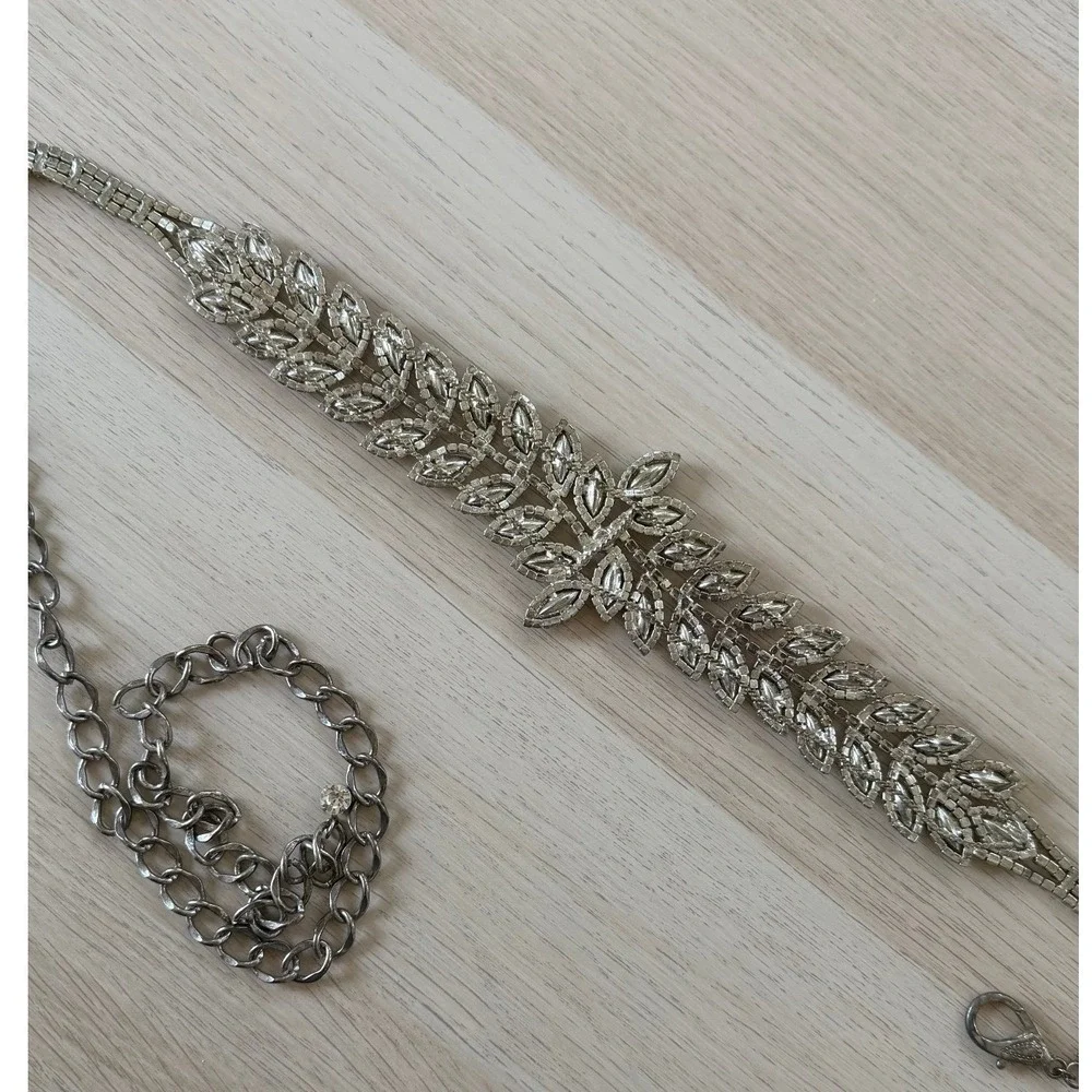 Silver Rhinestone Leaf Statement Belt Adjustable Crystal Chain Bridal Formal